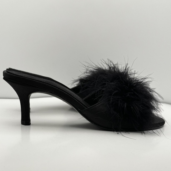 Black Feathered Satin Mules Sandals Size 6, Mantles Lingerie Dress Slippers - Picture 2 of 14